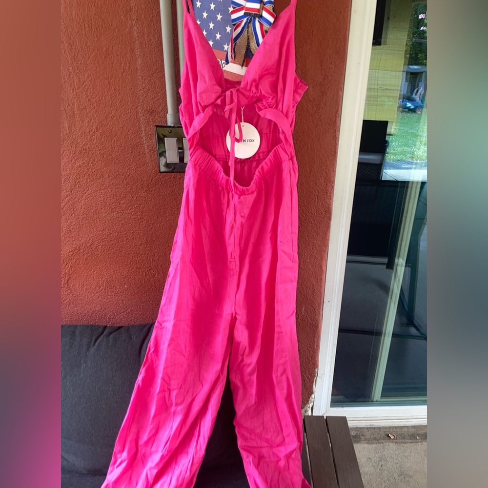 SHEIN VCAY Tie Front Cut Out Cami Jumpsuit hot pink side: extra small